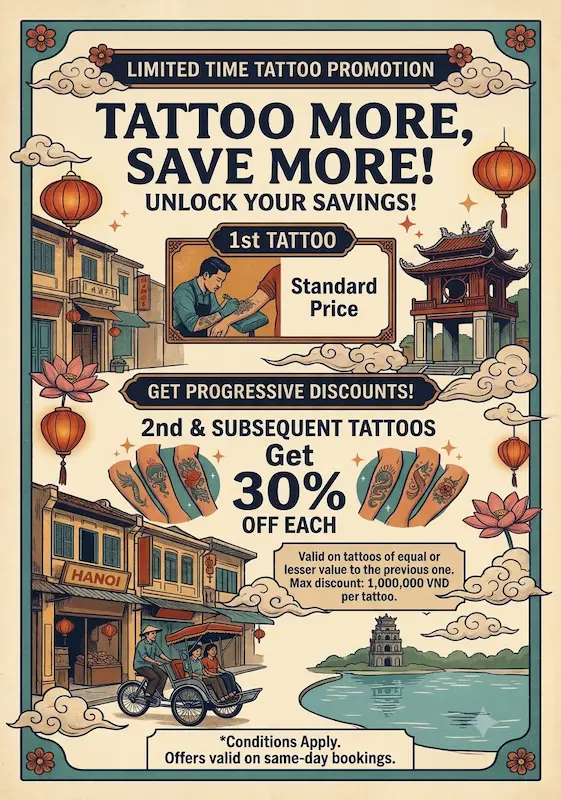 Mr Tattoo Hanoi Studio promotion poster: save up to 30% on multiple tattoos